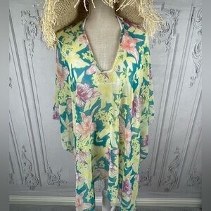 Tropical Floral Chiffon V-Neck Poncho Swimsuit Coverup